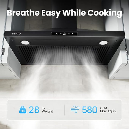 VIKIO HOME 30 inch Wall Mount Range Hood, 580 CFM Kitchen Vent Hood, Ducted/Ductless Convertible with Touch Control, Stainless Steel Stove Vent Hood, Easy Clean Filter, Black