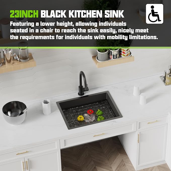 Black Kitchen Sink, 23x18x5.5 Inch Low Height Design Single Bowl Stainless Steel Undermount Kitchen Sink Come With Accessories Ensure Individuals With Limited Mobility Easily Accessing And Using