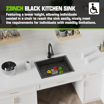 Black Kitchen Sink, 23x18x5.5 Inch Low Height Design Single Bowl Stainless Steel Undermount Kitchen Sink Come With Accessories Ensure Individuals With Limited Mobility Easily Accessing And Using
