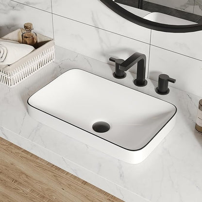 DeerValley Vessel Sink Rectangular, 18.9"x11.61" White Semi Recessed Bathroom Sink with Black Rim Ceramic Porcelain Rectangle Bathroom Vessel Sink Above Counter Vanity Sink Basin DV-1V0235