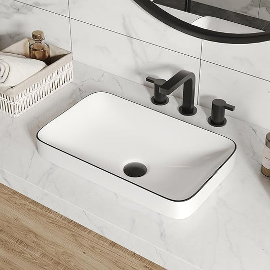 DeerValley Vessel Sink Rectangular, 18.9"x11.61" White Semi Recessed Bathroom Sink with Black Rim Ceramic Porcelain Rectangle Bathroom Vessel Sink Above Counter Vanity Sink Basin DV-1V0235