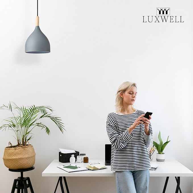 Modern Pendant Light, 6.6"x6.6"x7" Iron Hanging Fixture with Warm Oak Woodgrain, 15"-72" Adjustable Cord, E26 Socket, 4.7" Ceiling Canopy for Kitchen, Hallway – Ashwood Gray