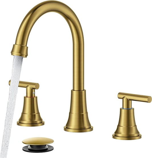 FORIOUS Gold Bathroom facuet 3 Hole, 8 inch Brushed Gold Bathroom Sink Faucet Widespread with 360° Swivel Spout and Spare Water-Saving Aerator and Drain, 3 Piece Vanity Tap for Restroom Upgrade