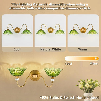 Vintage Bathroom Vanity Light, 2-Light Matte Brass Finish Vanity Light with Floral Green Glass Shades, Retro Wall Sconce for Bathroom, Dressing Table