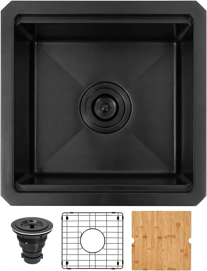 Black Undermount Bar Sink,16 Gauge 304S Stainless Steel Undermount Kitchen Sinks,15 Inch Workstation Sink with Full Accessories, 15" x 15" x 10" Small Kitchen Sink for RV,Outdoor,Camper