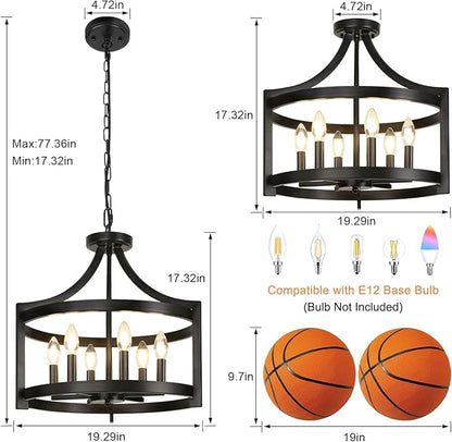 LynPon 6 Lights Large Modern Farmhouse Chandelier, 19" Convertible Semi Flush Mount Ceiling Light Fixture Hanging Light Rustic Round Cage Black Chandelier for Foyer Dining Room Kitchen Entryway