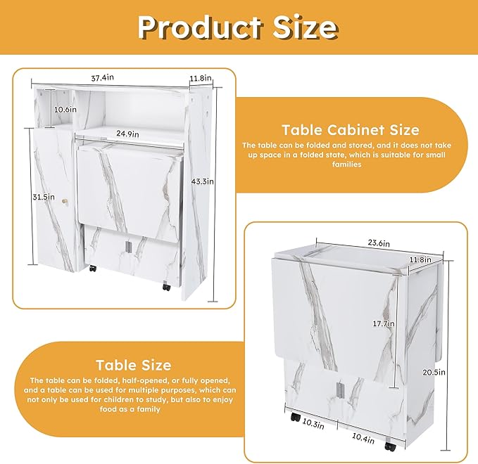 Multifunctional Convertible Folding Dining Table with Integrated Sideboard Storage Cabinet Power Outlets USB Ports Drop Leaf Expandable Rolling Kitchen Island Workspace Console Desk Hutch (White)