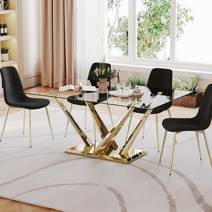 Luxury Gold Glass Dining Table for 4-6 Modern 63-Inch Rectangular Kitchen & Dining Room Table with Double V-Shape Stainless Steel Base Large Clear Glass Top Dining Table for Home Office