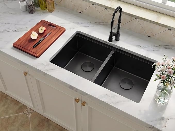 Black Undermount Kitchen Sink 32 x 18 Inch, 50/50 Double Bowl Kitchen Sinks, 16 Gauge Stainless Steel Workstation Sink with Ledge & Accessories, 32" x 18" x 10" Large and Deep Double Sink