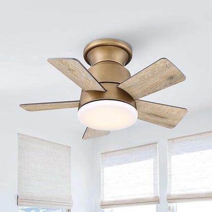24" Mini Flush Mount Ceiling Fan with Light and Remote, 5-Blade Small Ceiling Fan for Bedroom Kitchen Office, Reversible AC Motor, Hugger Low Profile Fan with 3000K LED Light，Gunmetal Brown