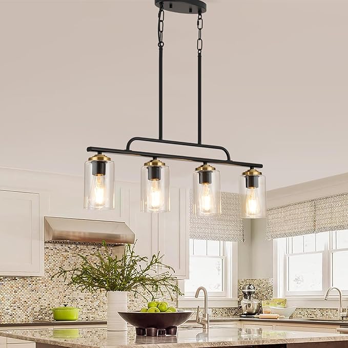TWIG Kitchen Island Light Fixture/Chandelier Over Table,Farmhouse Modern Metal Hanging Light Fixtures for Dining Room with 4 Glass Shade