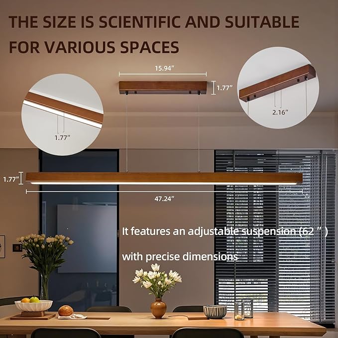 47" Wood Linear Pendant Light,Dimmable Kitchen Island Lighting with Remote,28W LED Island Lights for Kitchen,Linear Chandelier for Dinning Room Light Fixture,Pool Table Light Walnut