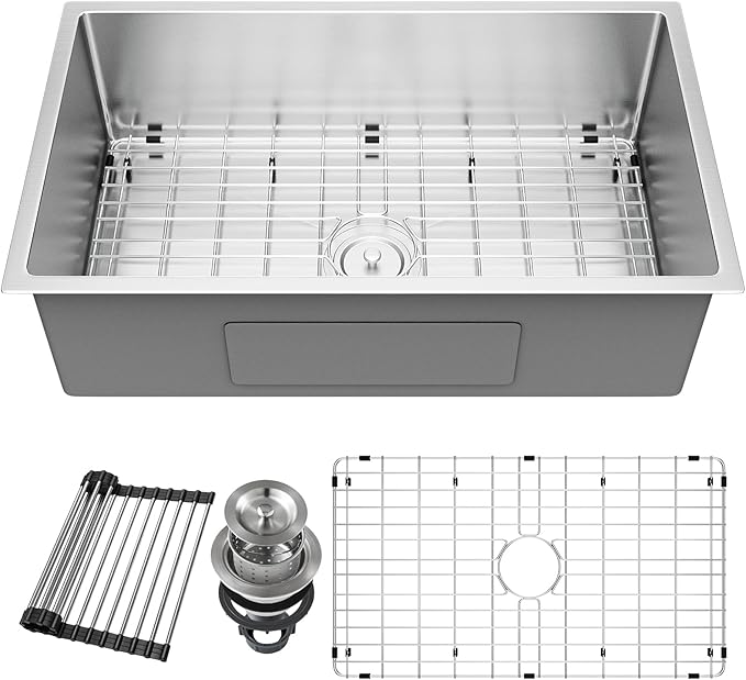 23x18 Undermount Kitchen Sink, S304 Stainless Steel Kitchen Sinks Handmade Modern Single Bowl Deep Sink with Bottom Grid Protector, Roll-up Drying Unit & Drain Assembly