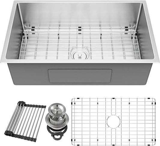 23x18 Undermount Kitchen Sink, S304 Stainless Steel Kitchen Sinks Handmade Modern Single Bowl Deep Sink with Bottom Grid Protector, Roll-up Drying Unit & Drain Assembly