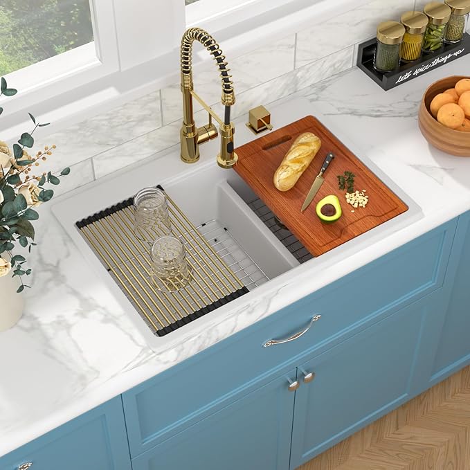 Sarlai 33 Granite Composite Kitchen Sink Double Bowl - 33"x22" White Granite Kitchen Sink Drop In Ledge Workstation Double Bowl 60/40 Low Divided Quartz Composite Above Counter with Gold Accessories