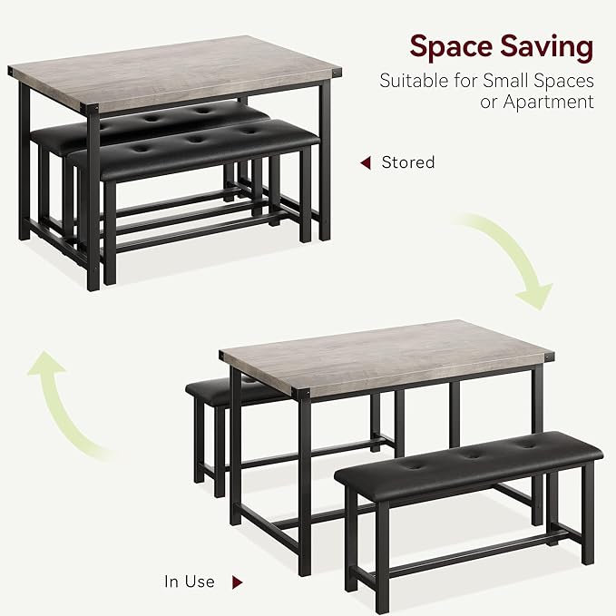 Amyove Dining Table Set for 4, 3 Piece Kitchen Table Set, Dining Table Set with 2 Upholstered Benches, Rectangular Kitchen Table Set for Apartment, Small Space, Retro Gray