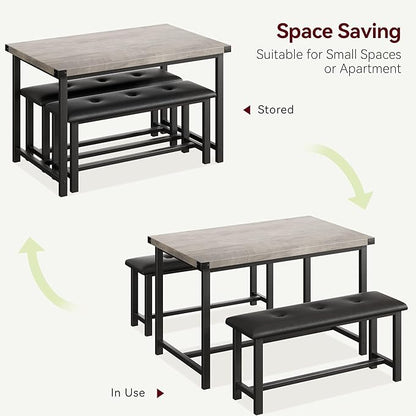 Amyove Dining Table Set for 4, 3 Piece Kitchen Table Set, Dining Table Set with 2 Upholstered Benches, Rectangular Kitchen Table Set for Apartment, Small Space, Retro Gray
