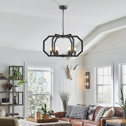 Lanhall 6 Light Farmhouse Chandelier Black Dining Room Light Fixture Modern Rustic Geometric Hanging Pendant Light for Living Room, kitchen Island, Foyer, Entryway, Hallway, Stairway Adjustable Height