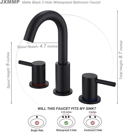 Black 3 Hole Bathroom Faucet, 8 in Matte Black Widespread Bathroom Sink Faucet with Pop Up Drain and Supply Lines, Stainless Steel 2 Handle Black Faucet for Vanity