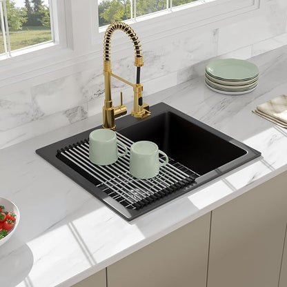 25 Granite Composite Kitchen Sink - Beslend 25x22 Inch Drop In Granite Kitchen Sink Topmount Black Quartz Sinks Classic Above Counter Single Bowl Basin