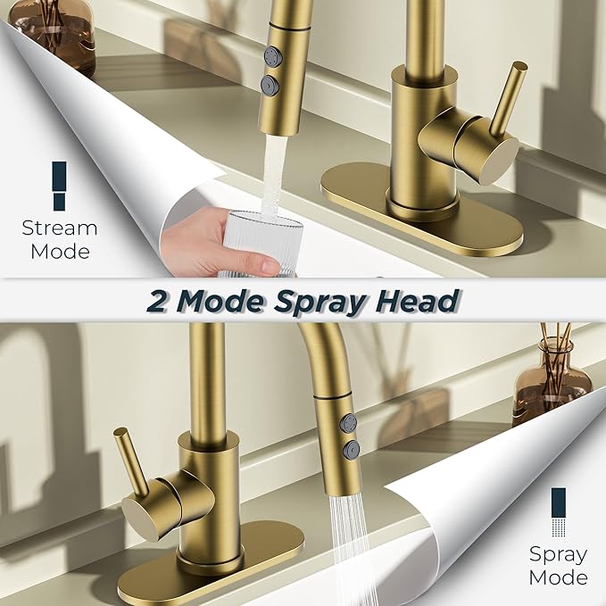 FORIOUS Brushed Gold Bathroom Faucets for Sink 3 or 1 Hole with Pull Down Sprayer, Single Handle Gold Faucets for Bathroom Vanity with Pop Up Drain, Suitable for Bath, RV, Laundry & Utility Sink