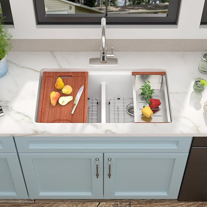 33 Granite Composite Kitchen Sink Double Bowl - Fulorni 33"x19" Granite Kitchen Sink Ledge Workstation White Undermount Double Bowl 50/50 Quartz Classic Under Counter Basin