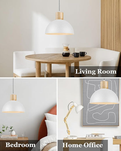 ELYONA 2 Pack Hammered Pendant Lights, 12" Modern Metal Dome Hanging Lamp Solid Wood Pendant Light Fixtures for Kitchen Island, Farmhouse, Dining Room, Sink, Bedroom, Hallway, Nordic White