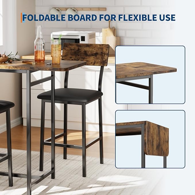 GAOMON 3-Piece Dining Set, Bar Table and Chairs Set for 2, High Top Table and Upholstered Chairs with Storage Shelves, Breakfast Nook, Bar Pub Set for Kitchen, Home Bar, Small Space