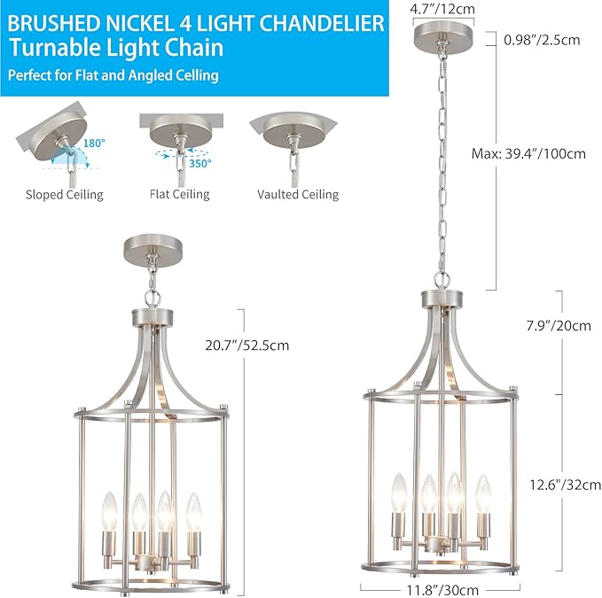 XINGQI Brushed Nickel Chandeliers for Dining Room,4 Light Hanging Lantern Pendant Light Fixture Metal Farmhouse Geometric Chandelier Cage Pendant for Kitchen Island Entryway Living Room