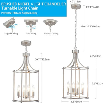XINGQI Brushed Nickel Chandeliers for Dining Room,4 Light Hanging Lantern Pendant Light Fixture Metal Farmhouse Geometric Chandelier Cage Pendant for Kitchen Island Entryway Living Room