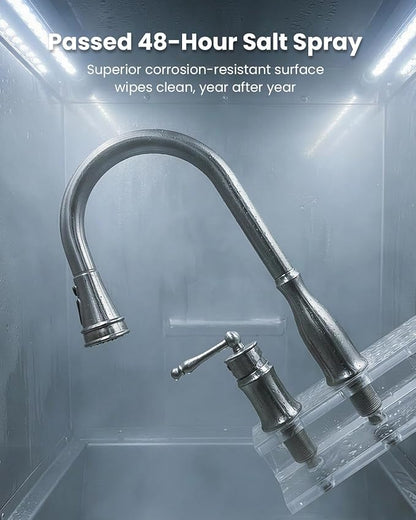 APPASO 3 Hole Kitchen Faucet with Pull Down Sprayer Brushed Nickel, 3 Pieces Kitchen Faucet with Soap Dispenser and Separate Side Handle, Stainless Steel, High Arc Sink Faucets for 2-3 Hole Sink