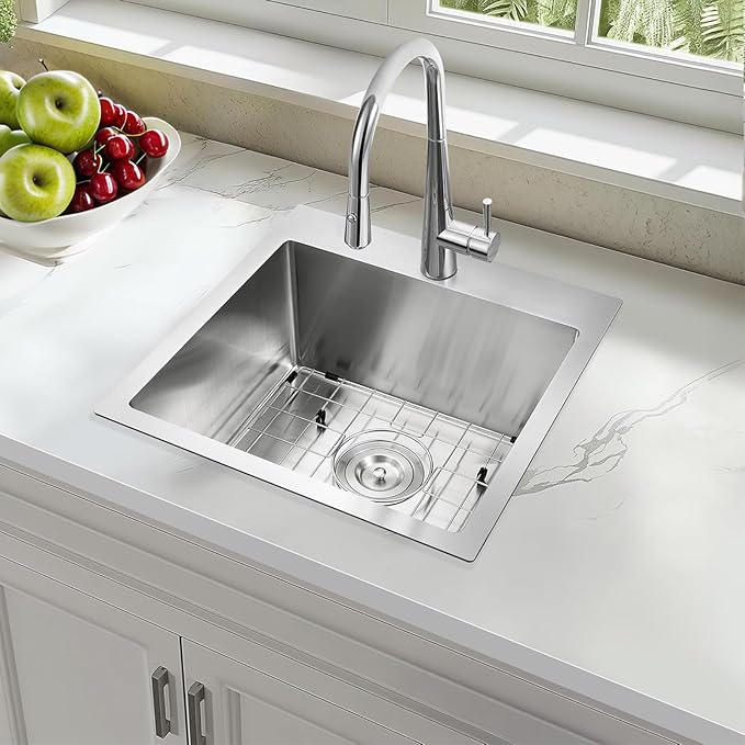 Hotis 15x15 Inch Drop In Bar Sink, Brushed Nickel Stainless Steel Topmount Small RV Kitchen Sinks, Wet Bar Sink For Outdoor, RV, and Outdoor Yard with Dish Grid and Basket Strainer