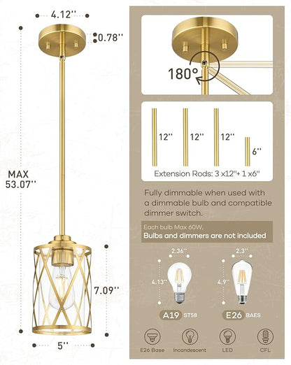 Beionxii 2 Pack Brushed Gold Pendant Lights Kitchen Island, Modern Kitchen Pendant Lighting Over Island, Farmhouse Industrial Cage Hanging Lighting with Clear Glass for Sink,Dining Room, BX-PL07BG-2PK
