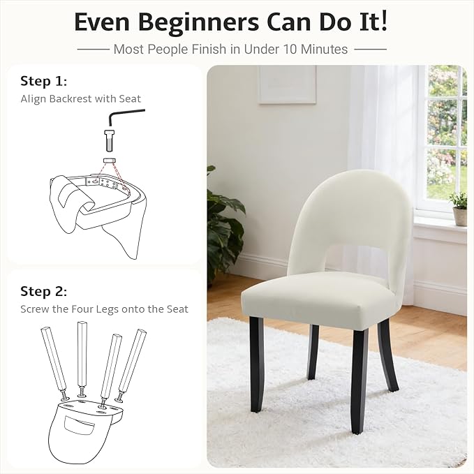 Dining Room Chairs Set of 6, Upholstered Wooden Dining Chairs, Modern Farmhouse Kitchen Chairs with Linen Fabric Open Backrest, Cream White