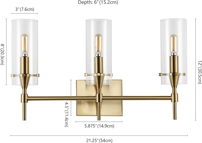 JONATHAN Y 21.25" Brass Gold/Clear Modern Farmhouse LED Vanity Light Sconce, Clear Glass Cylinder Shade, Wall Lamp for Bathroom Mirror Hallway Entryway, LED Bulb Included (JYL7807C)
