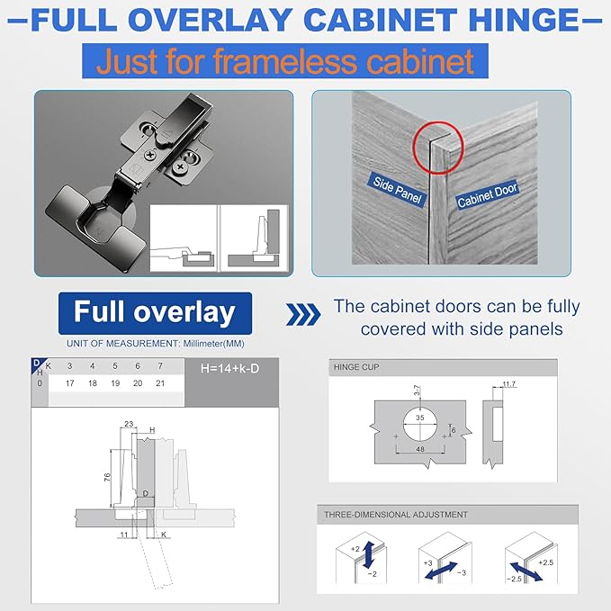 Full Overlay Soft Close Cabinet Hinges for Kitchen Frameless Cabinets 4 Pack Self-Closing Concealed Hinge 110° 4D Adjustment Speed Control Ideal for Upgrading Cabinet Doors and Drawers