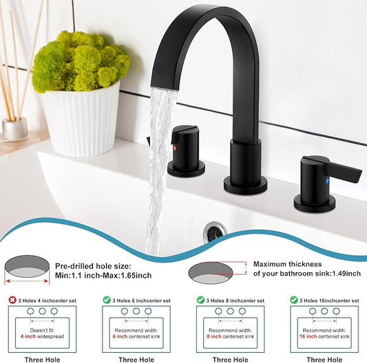 Midanya 8 inch Widespread Bathroom Sink Faucet,Modern Waterfall 3 Hole 2 Handles Bathroom Faucet 8" Vanity Faucets with Pop Up Drain and Water Supply Lines,Matte Black