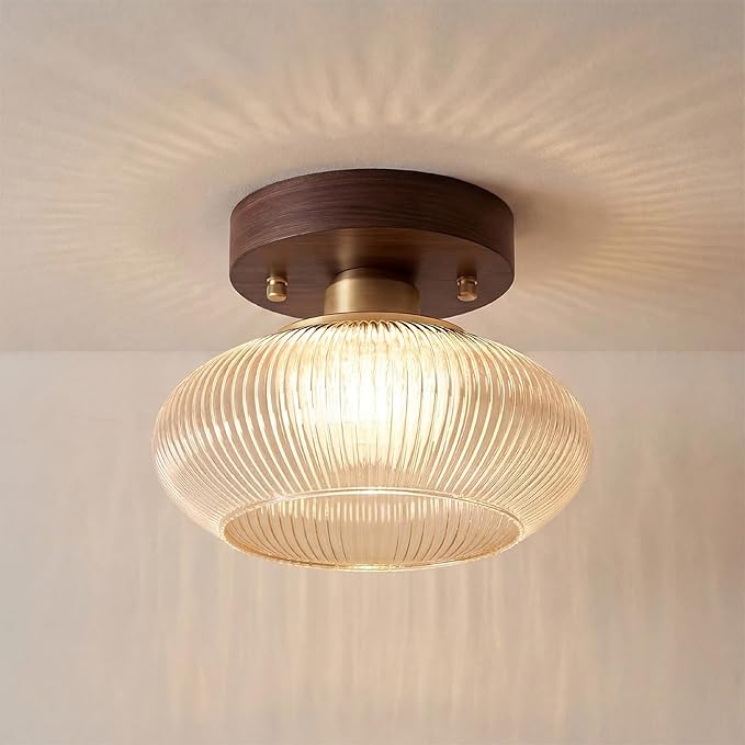 Retro Walnut Base Amber Fluted Glass Ceiling Light – Vintage Ribbed Glass Semi-Flush Mount Fixture with Metal Wood Base, E26 Base 10W Max, for Kitchen Island, Hallway, Bedroom