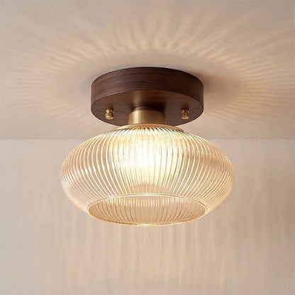 Retro Walnut Base Amber Fluted Glass Ceiling Light – Vintage Ribbed Glass Semi-Flush Mount Fixture with Metal Wood Base, E26 Base 10W Max, for Kitchen Island, Hallway, Bedroom