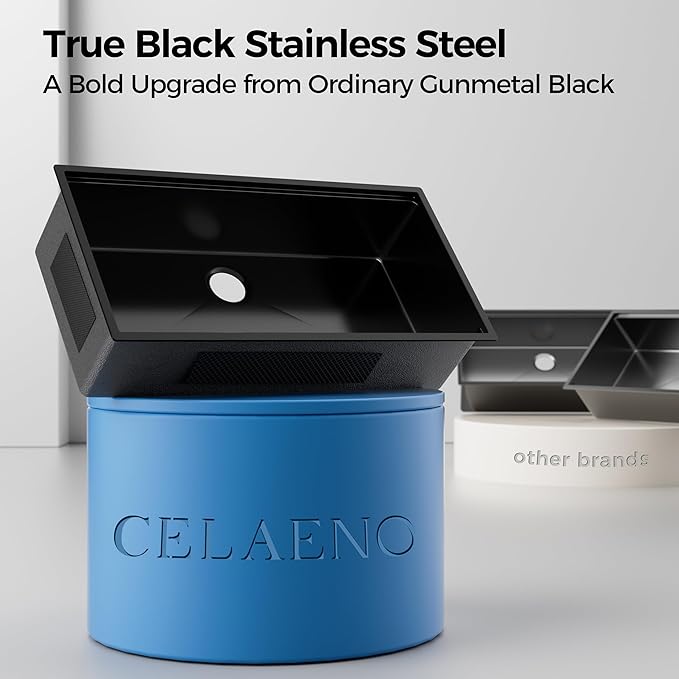 CELAENO 36 inch Black Stainless Steel Undermount Kitchen Sink, 36x19 Handmade 16 Gauge Single Bowl Workstation Sink, 10 Inch Deep Modern Kitchen Basin is equipped with various accessories