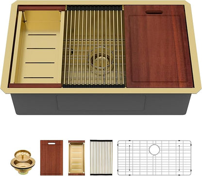 Sarlai 32 Gold Undermount Kitchen Sink - 32" x19" Kitchen Sink Ledge Workstation 16 Gauge Gold Stainless Steel Deep Single Bowl Under Counter Rectangular Sinks Basin