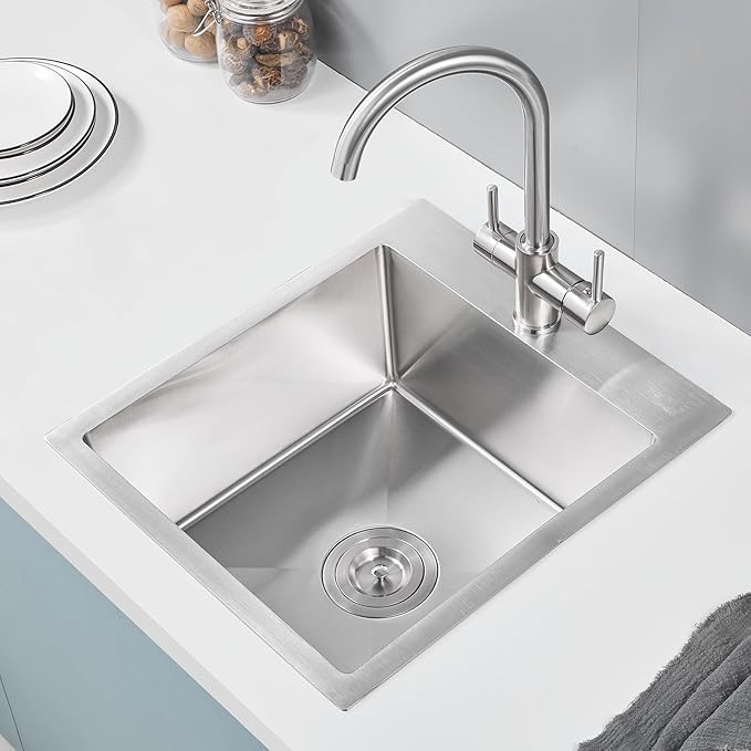 POPFLY 13 x 15 Inch Drop In Kitchen Sink, 18 Gauge SUS304 Stainless Steel Bar Sink 6 Inches Deep Basin Top Mount Single Bowl Handmade Sink