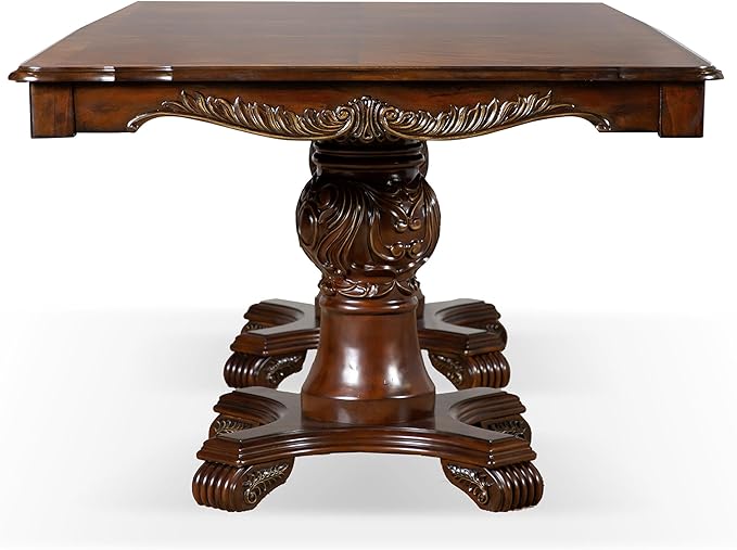 Furniture of America Adair Traditional Solid Wood 95-inch Expandable Dining Table with Double Pedestal and Carved Details, Seats up to 8, for Home, Kitchen, Living Room, Dark Cherry