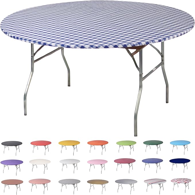 Kwik-Covers 10 Pack of Round Plastic Table Covers - 60" or 72" Round - Indoor or Outdoor Fitted Covers (Tables NOT Included) (Blue Gingham, 60" Round)