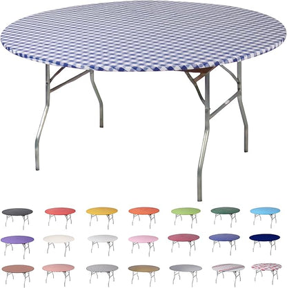 Kwik-Covers 10 Pack of Round Plastic Table Covers - 60" or 72" Round - Indoor or Outdoor Fitted Covers (Tables NOT Included) (Blue Gingham, 60" Round)