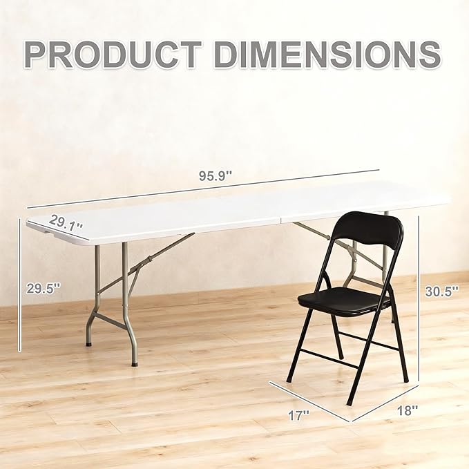 Elevon Folding Table Set with 8 Black Folding Chairs,8 Feet Heavy Duty Fold-in-Half Utility Table Sets for Picnic, Event, Training, Outdoor Activities, at Home and Commercial Use