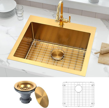 Gold Drop In Kitchen Sink 25” X 22”, 25 Inch Top Mount 16 Guage T-304S Stainless Steel Kitchen Sinks, 10 Inch Deep Single Bowl laundry Sink with Accessories