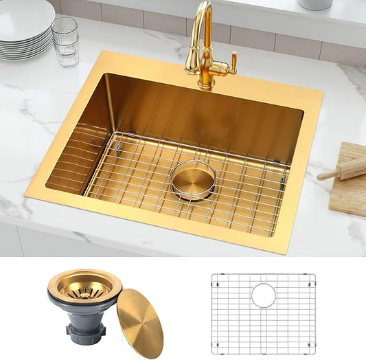 Gold Drop In Kitchen Sink 25” X 22”, 25 Inch Top Mount 16 Guage T-304S Stainless Steel Kitchen Sinks, 10 Inch Deep Single Bowl laundry Sink with Accessories