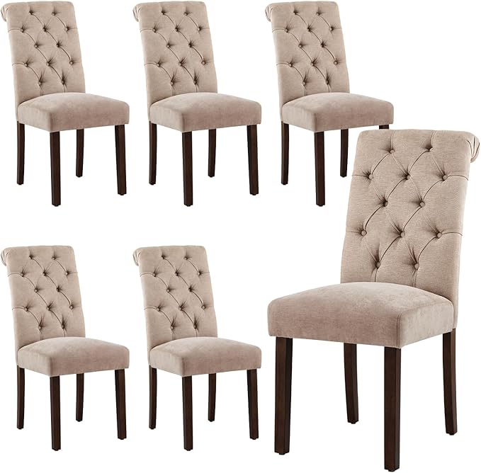 Tufted Dining Chairs Set of 6, Upholstered Parsons Dining Room Chairs, Fabric Kitchen Side Chair with Wood Legs, Taupe