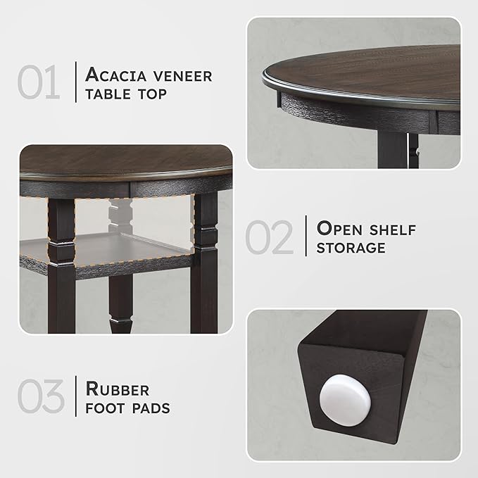 Lexicon Braun 47.5 Dia. Round Dining Table - 30.5" High Round Small Kitchen Table for 2-4, Solid Wood Frame for Small Dining Room, Storage Shelf, Easy Assembly, Brown and Black
